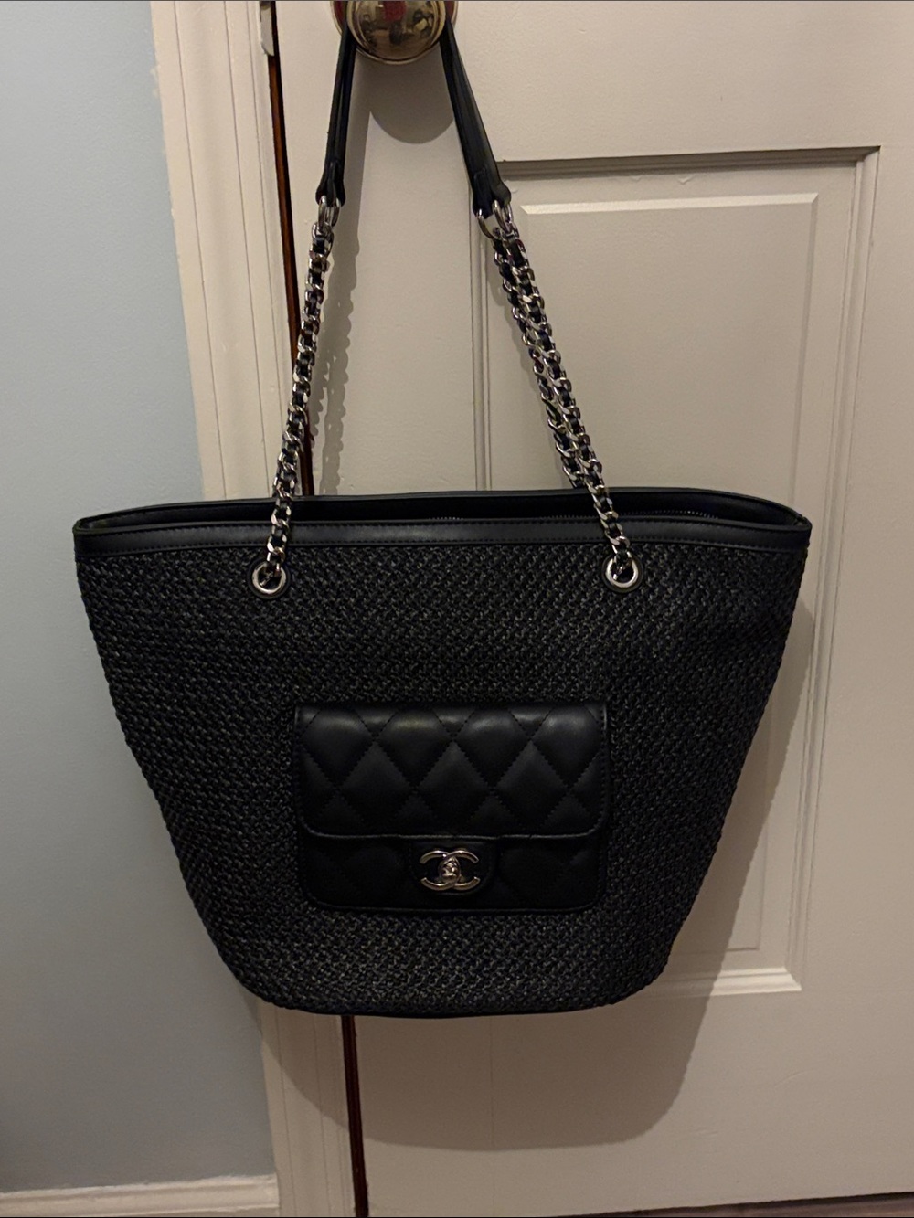 CHANEL Black Quilted Front-Pocket Tote with Chain Straps